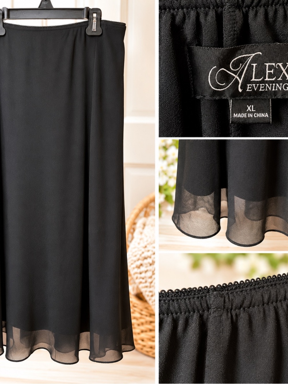 Alex Evenings Black Chiffon Maxi Skirt with Sheer Hem
